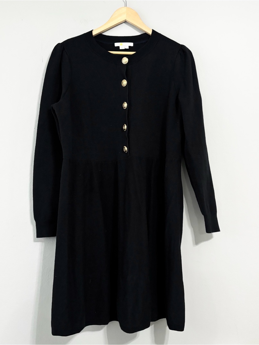 BODEN Cotton / Wool Blend Black And Gold Button Up Long Sleeve Mini Dress
